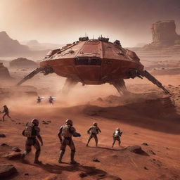 An epic Star Wars inspired battle unfolding on the rugged red surface of Planet Mars, with futuristic spacecraft, brave heroes, evil villains, and laser weapons