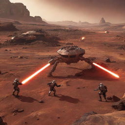 An epic Star Wars inspired battle unfolding on the rugged red surface of Planet Mars, with futuristic spacecraft, brave heroes, evil villains, and laser weapons