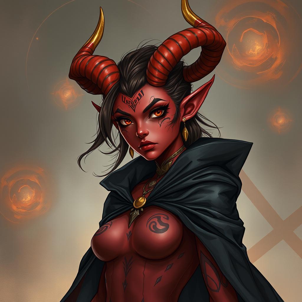 A detailed illustration of a red female tiefling with gold-tipped horns, wearing a black cloak