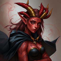 A detailed illustration of a red female tiefling with gold-tipped horns, wearing a black cloak