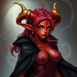 A detailed illustration of a red female tiefling with gold-tipped horns, wearing a black cloak