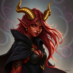 A detailed illustration of a red female tiefling with gold-tipped horns, wearing a black cloak