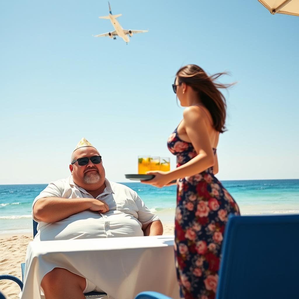 A fat bald man wearing a star hat is sitting at a table on a Mediterranean beach