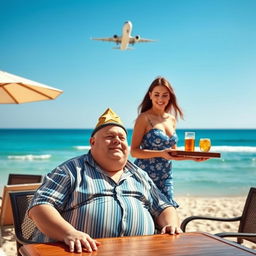 A fat bald man wearing a star hat is sitting at a table on a Mediterranean beach