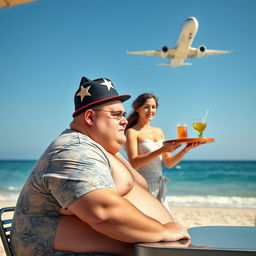 A fat bald man wearing a star hat is sitting at a table on a Mediterranean beach