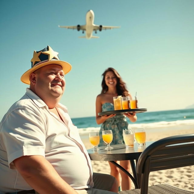 A fat bald man wearing a star hat is sitting at a table on a Mediterranean beach