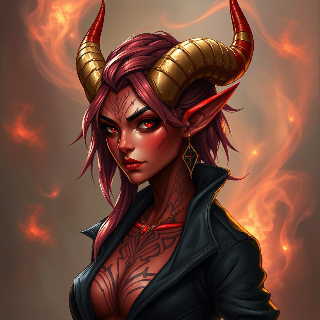 A detailed illustration of a red female tiefling with gold-tipped horns, wearing a black jacket