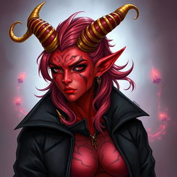 A detailed illustration of a red female tiefling with gold-tipped horns, wearing a black jacket