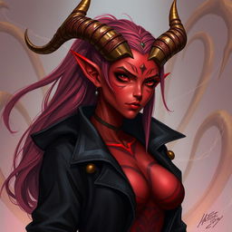 A detailed illustration of a red female tiefling with gold-tipped horns, wearing a black jacket