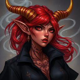 A detailed illustration of a red female tiefling with gold-tipped horns, wearing a black jacket