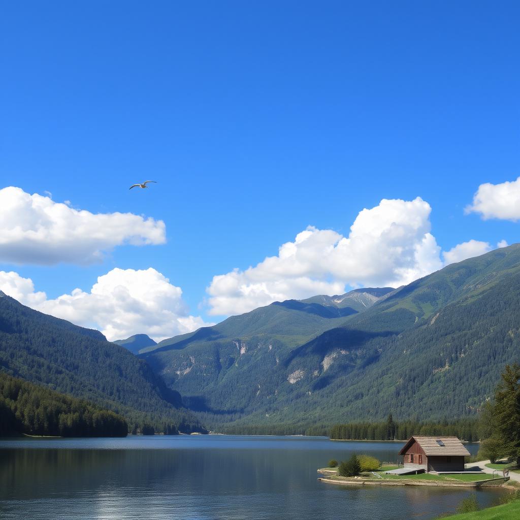 A beautiful landscape featuring a serene lake surrounded by lush green mountains under a clear blue sky with fluffy white clouds