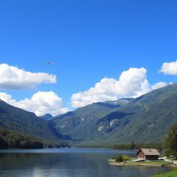 A beautiful landscape featuring a serene lake surrounded by lush green mountains under a clear blue sky with fluffy white clouds