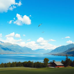 A beautiful landscape featuring a serene lake surrounded by lush green mountains under a clear blue sky with fluffy white clouds