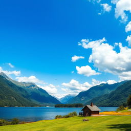 A beautiful landscape featuring a serene lake surrounded by lush green mountains under a clear blue sky with fluffy white clouds