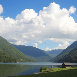 A beautiful landscape featuring a serene lake surrounded by lush green mountains under a clear blue sky with fluffy white clouds