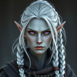 Create an elf mage with grayish skin, white hair tied in a ponytail and braids with beads, and intense, slanted lilac eyes