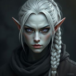 Create an elf mage with grayish skin, white hair tied in a ponytail and braids with beads, and intense, slanted lilac eyes