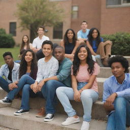 A scene depicting a group of diverse college students, representing teenage and professional life in a modern university setting.