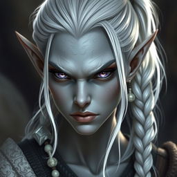 Create an elf mage with grayish skin, white hair tied in a ponytail and braids with beads, and intense, slanted lilac eyes