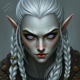 Create an elf mage with grayish skin, white hair tied in a ponytail and braids with beads, and intense, slanted lilac eyes