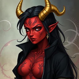 A detailed illustration of a red female tiefling with gold-tipped horns, black hair, and wearing a black jacket