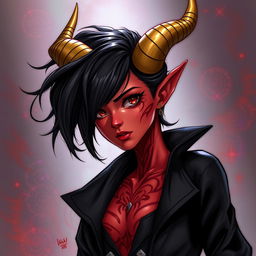 A detailed illustration of a red female tiefling with gold-tipped horns, black hair, and wearing a black jacket