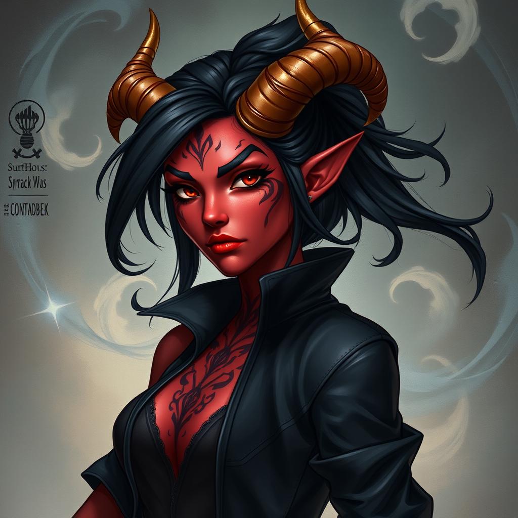 A detailed illustration of a red female tiefling with gold-tipped horns, black hair, and wearing a black jacket