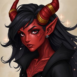 A detailed illustration of a red female tiefling with gold-tipped horns, black hair, and wearing a black jacket