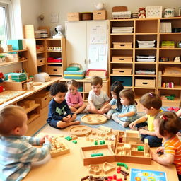 A vibrant and engaging Montessori classroom filled with young children learning through hands-on activities