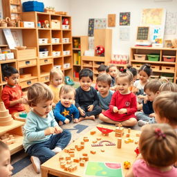 A vibrant and engaging Montessori classroom filled with young children learning through hands-on activities