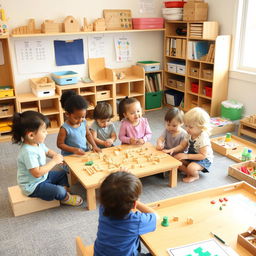 A vibrant and engaging Montessori classroom filled with young children learning through hands-on activities