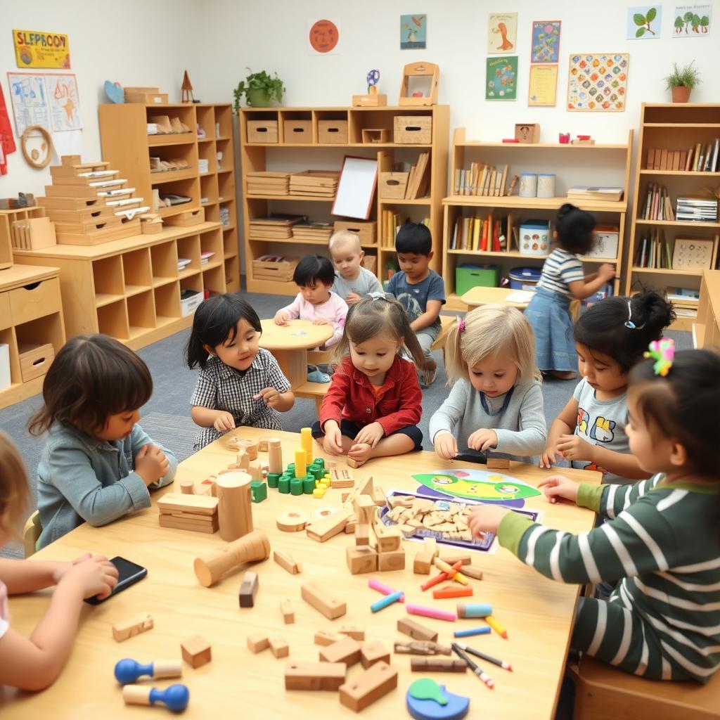 A vibrant and engaging Montessori classroom filled with young children learning through hands-on activities