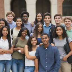 A scene depicting a group of diverse college students, representing teenage and professional life in a modern university setting.