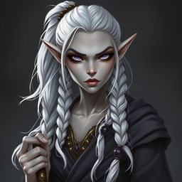 Create a full-body image of an elf mage with grayish skin, white hair tied in a ponytail and braids with beads, and intense, slanted lilac eyes