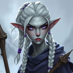 Create a full-body image of an elf mage with grayish skin, white hair tied in a ponytail and braids with beads, and intense, slanted lilac eyes