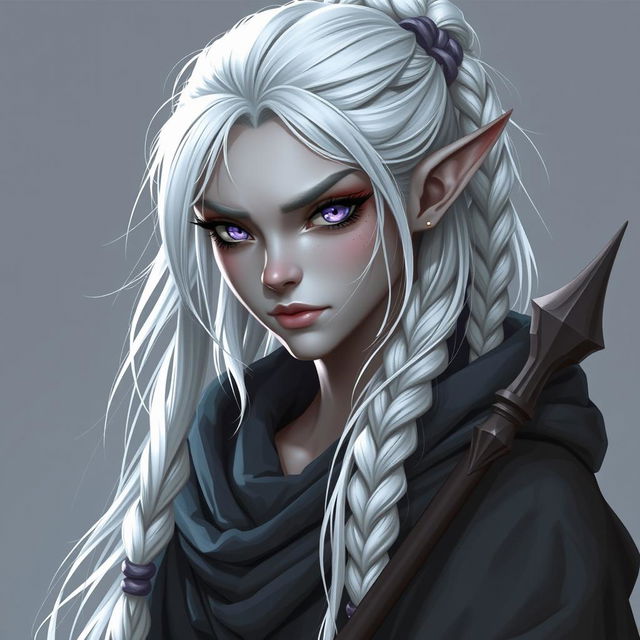 Create a full-body image of an elf mage with grayish skin, white hair tied in a ponytail and braids with beads, and intense, slanted lilac eyes