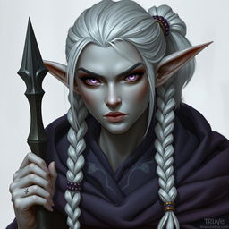 Create a full-body image of an elf mage with grayish skin, white hair tied in a ponytail and braids with beads, and intense, slanted lilac eyes