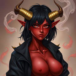 A detailed illustration of a red female tiefling with gold-tipped horns, black hair, and wearing a black jacket