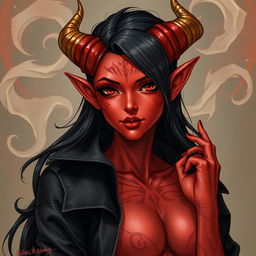 A detailed illustration of a red female tiefling with gold-tipped horns, black hair, and wearing a black jacket