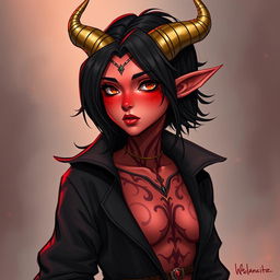 A detailed illustration of a red female tiefling with gold-tipped horns, black hair, and wearing a black jacket