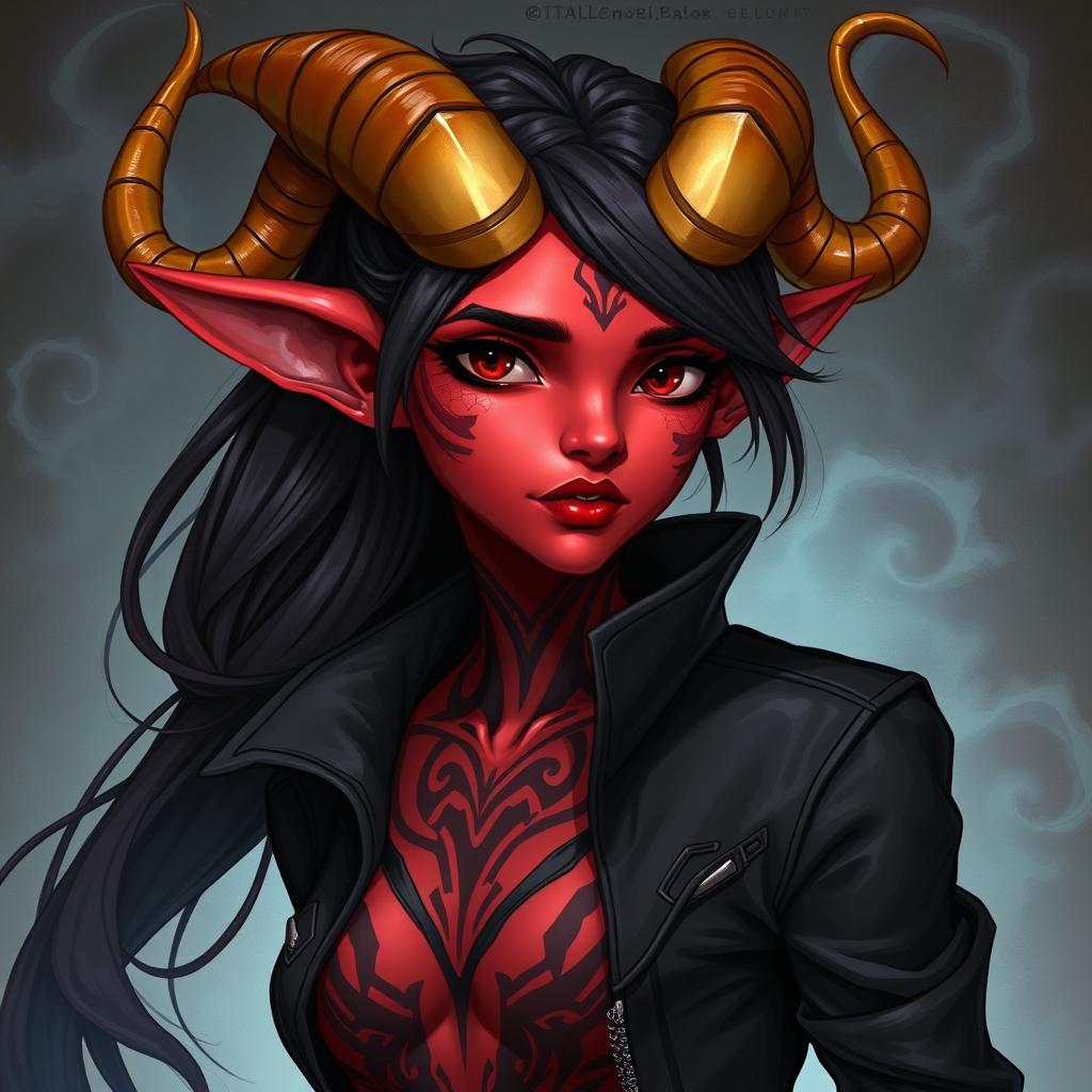 A detailed illustration of a red female tiefling with gold-tipped horns, black hair, and wearing a black jacket