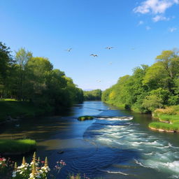 A serene landscape with a clear blue sky, a flowing river, and lush green trees