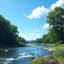 A serene landscape with a clear blue sky, a flowing river, and lush green trees