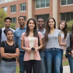 A scene depicting a group of diverse college students, representing teenage and professional life in a modern university setting.