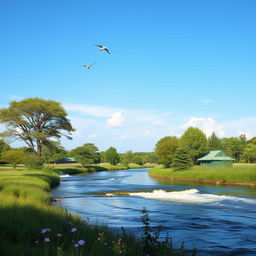 A serene landscape with a clear blue sky, a flowing river, and lush green trees