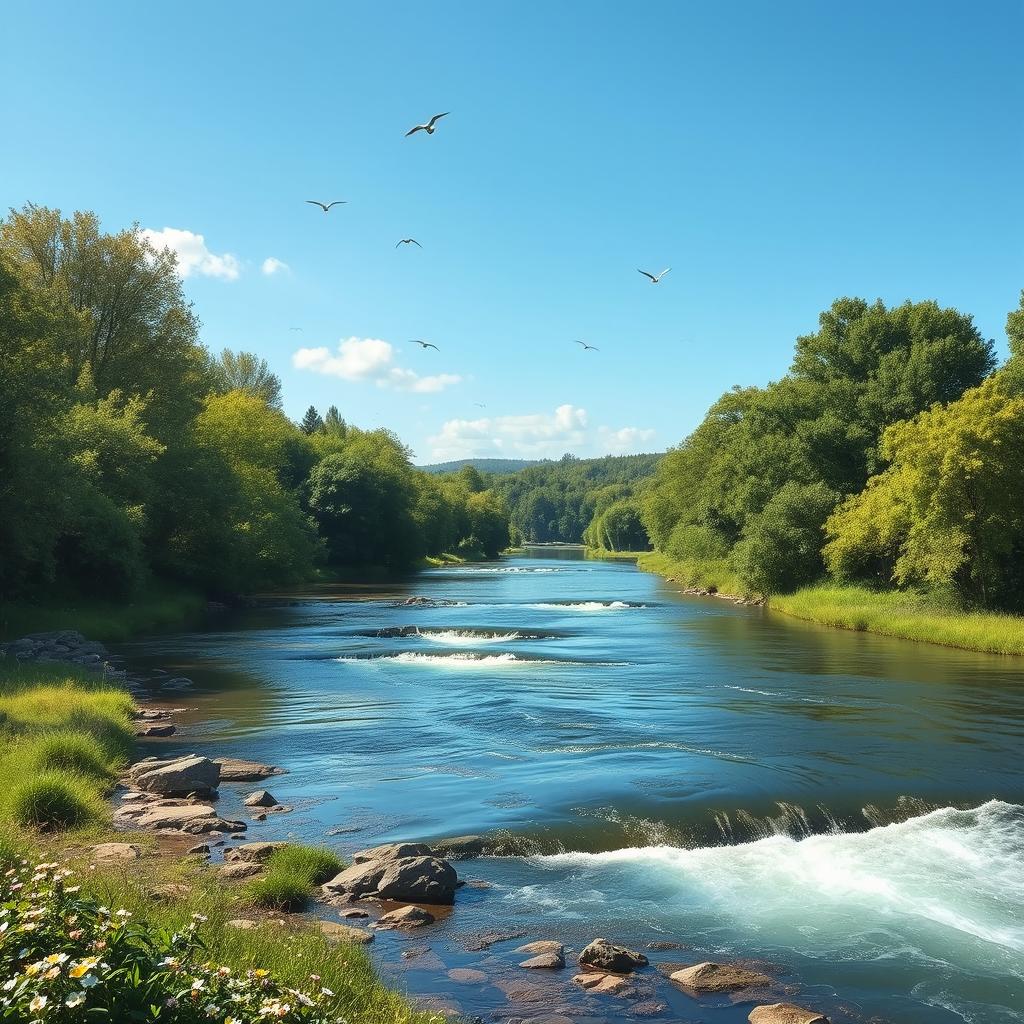 A serene landscape with a clear blue sky, a flowing river, and lush green trees