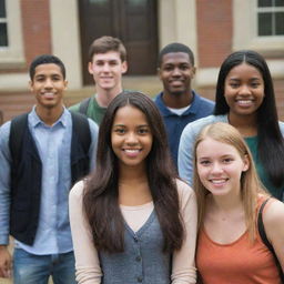 A scene depicting a group of diverse college students, representing teenage and professional life in a modern university setting.