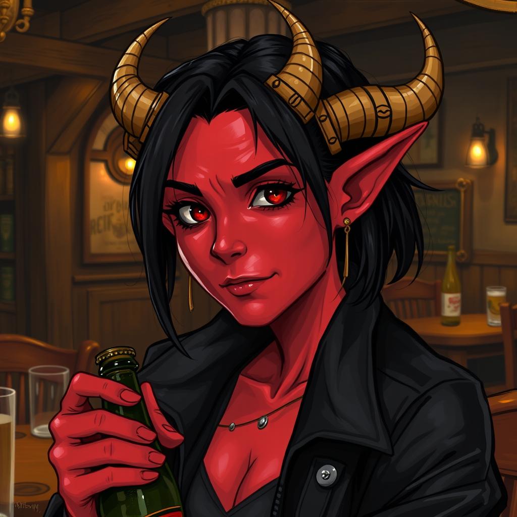 A detailed illustration of a red female tiefling with gold-tipped horns, black hair, and wearing a black jacket