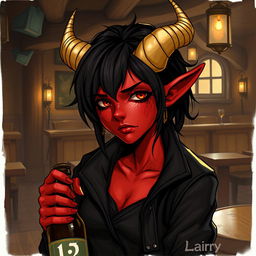 A detailed illustration of a red female tiefling with gold-tipped horns, black hair, and wearing a black jacket