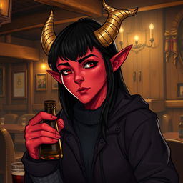 A detailed illustration of a red female tiefling with gold-tipped horns, black hair, and wearing a black jacket